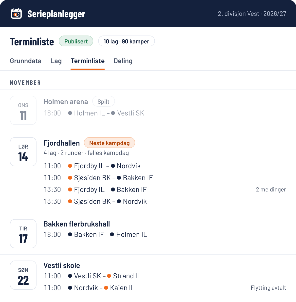 Terminlista i Serieplanlegger med en felles kampdag: fire lag møtes i samme hall og spiller to runder.